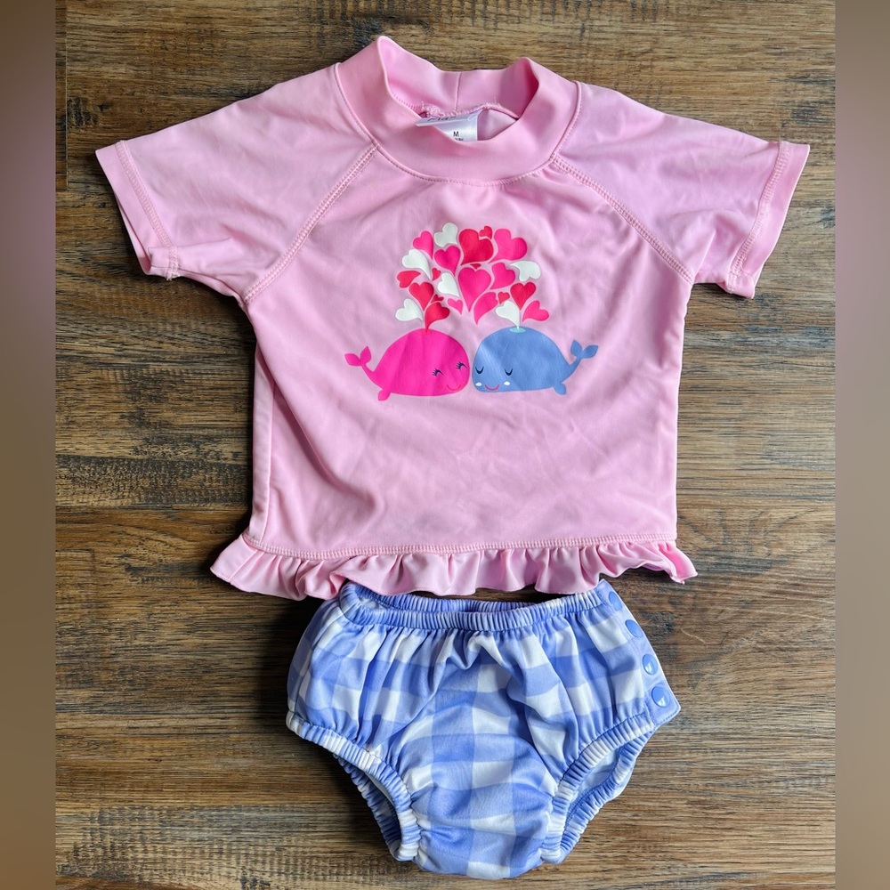 Kiko & Max Rashguard and Diaper Cover Swim Set, Pink Whales, M 16-21 lbs (6-9M)